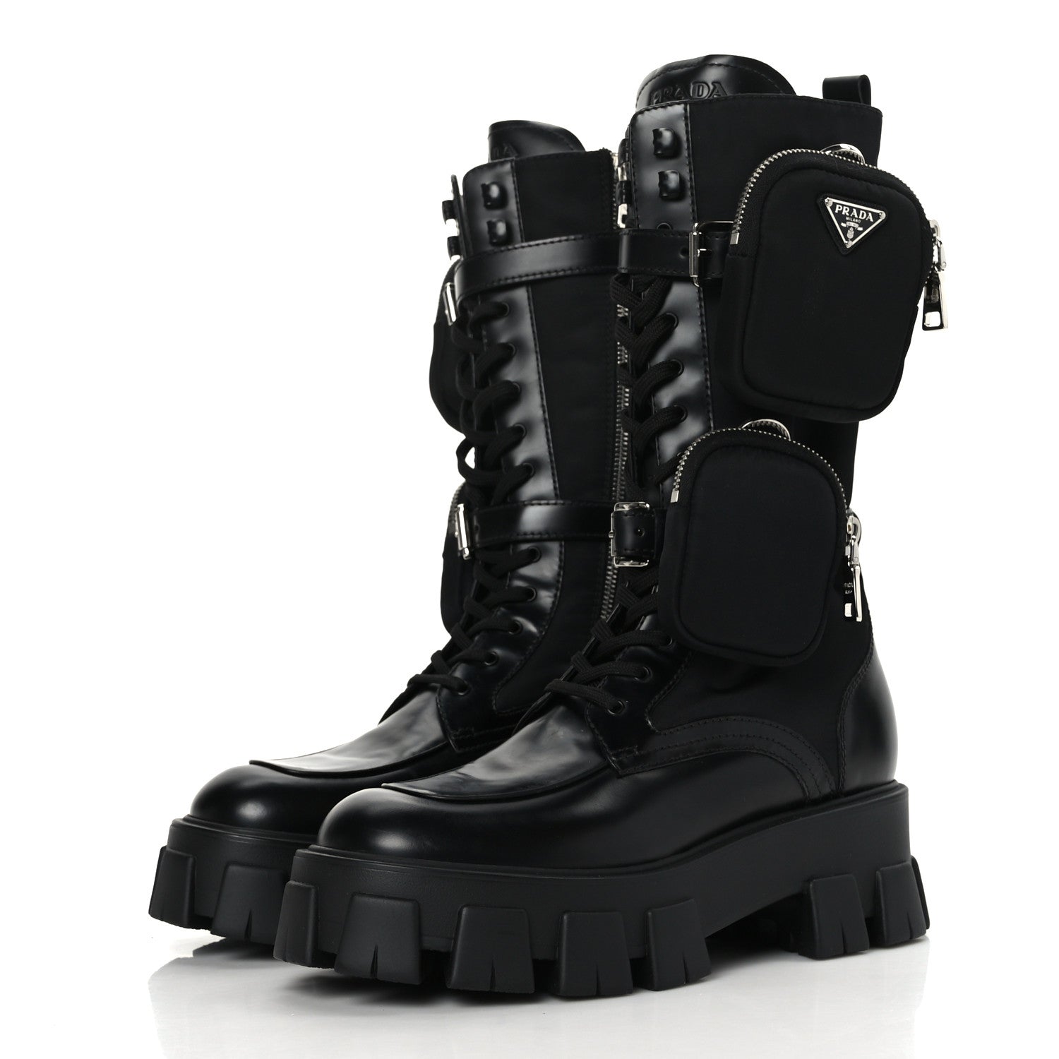 Prada Spazzolato Rois Re-Nylon Metal Triangle Logo Monolith Pouch Pocket 55mm Tall Combat Boots 39.5 Black 3 of 8