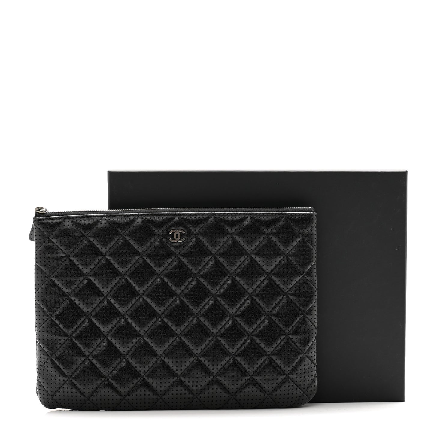 Perforated Lambskin Quilted Medium Cosmetic Case Black