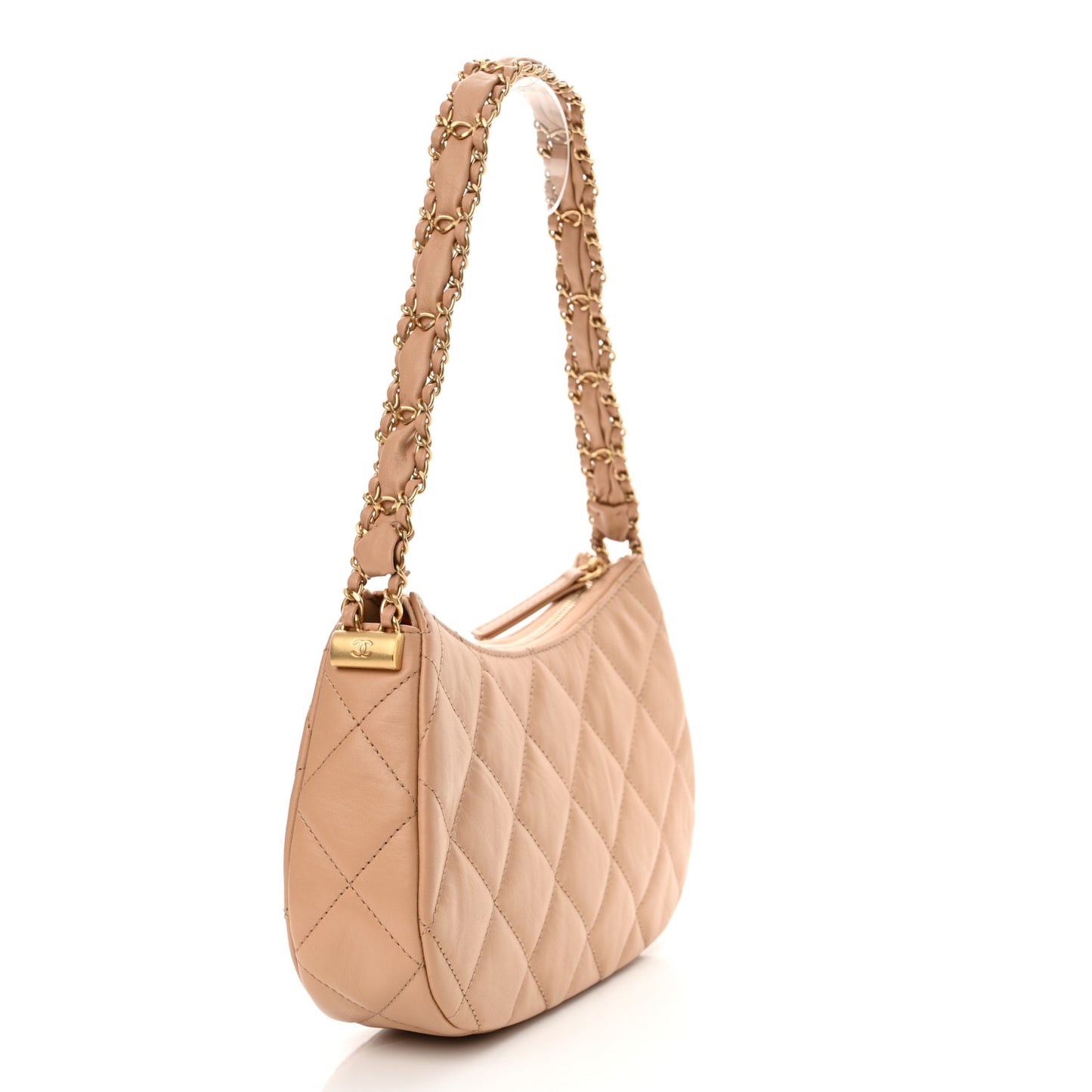 Crumpled Calfskin Quilted Braided CC Hobo Beige