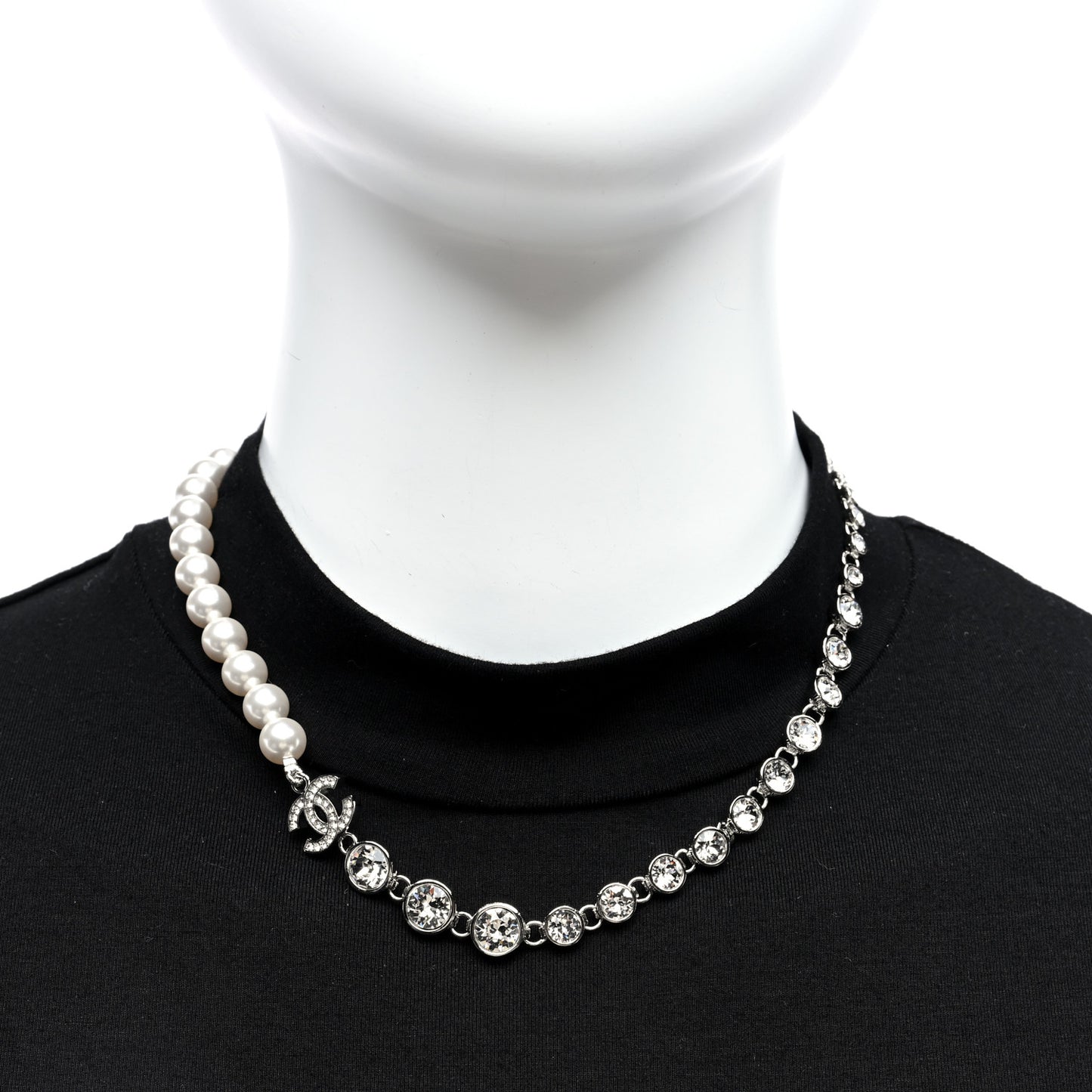 Pearl Crystal CC Choker Necklace Silver