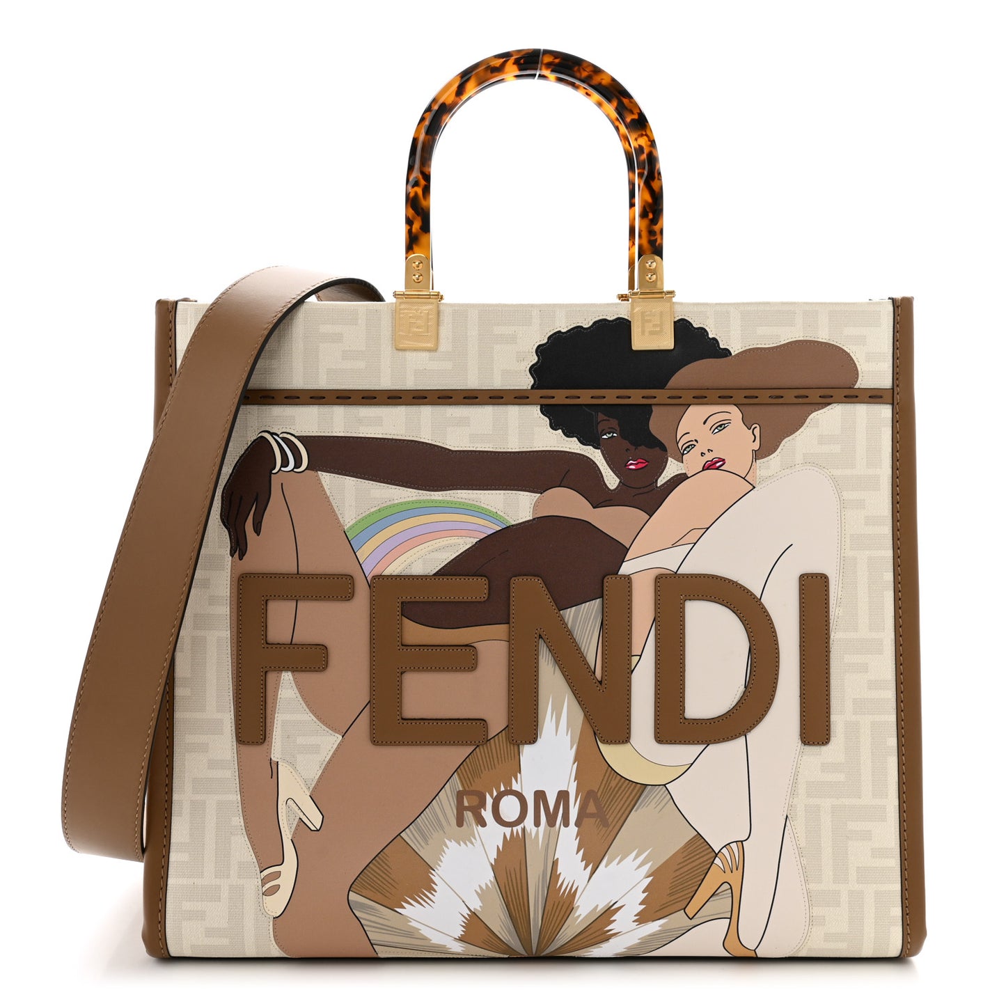 Glazed Fabric Plexiglass FF Logo Bikini Girls Medium Fendi Sunshine Shopper Tote Bianco Perla Multicolor Miele Scuro