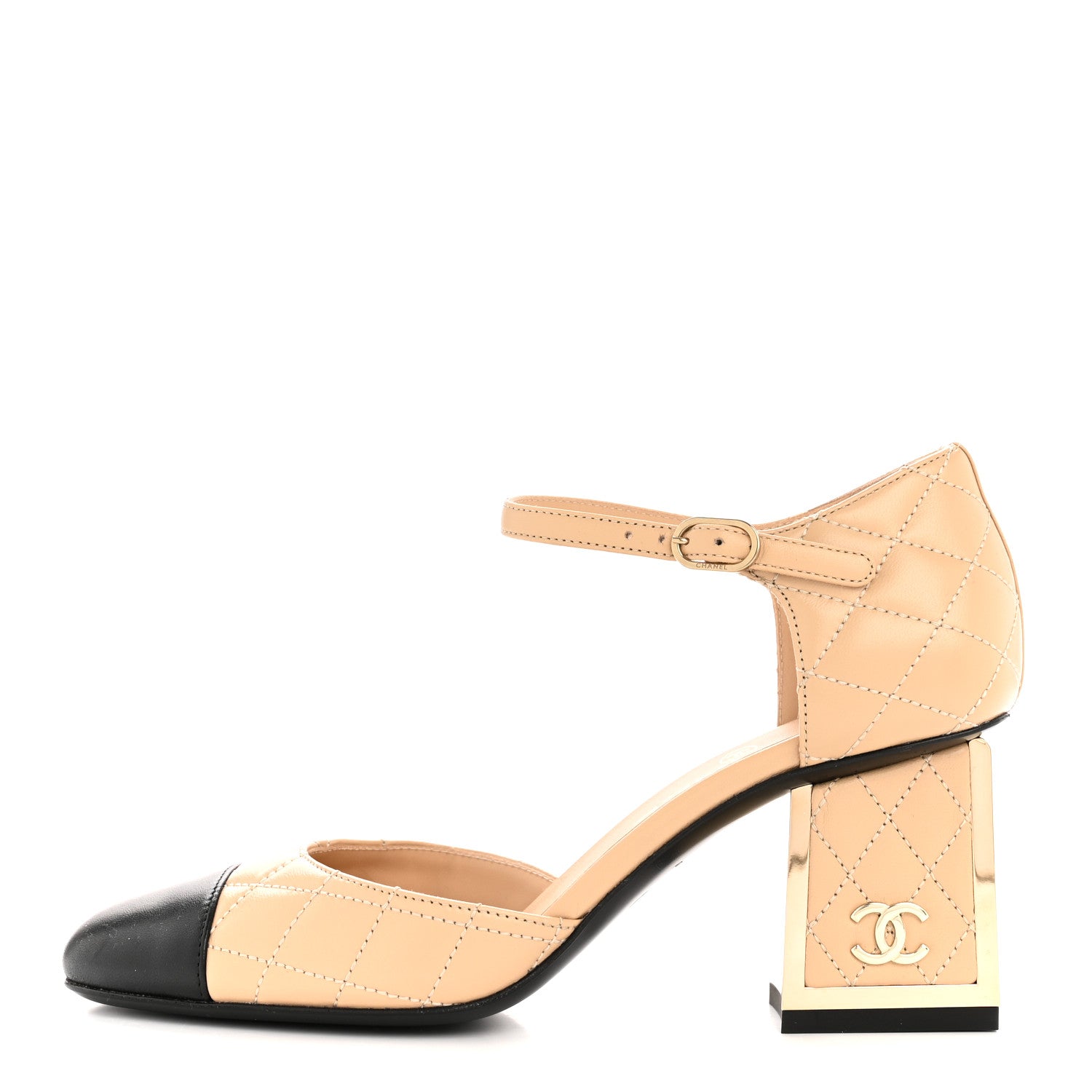 Chanel Lambskin Quilted Cap Toe Mary Jane Pumps 36 Beige Black