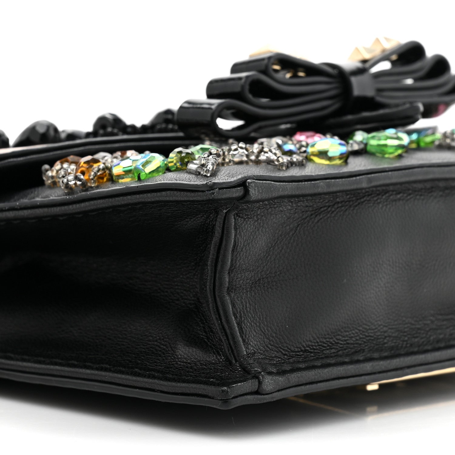 Valentino Garavani Calfskin Beaded Crystal Rockstud Bow Wristlet Clutch Black Poudre 8 of 14