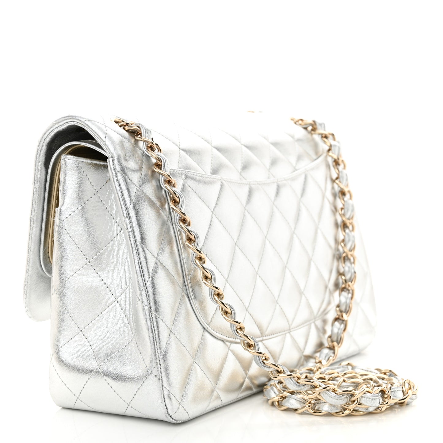 Metallic Lambskin Quilted Jumbo Double Flap Silver