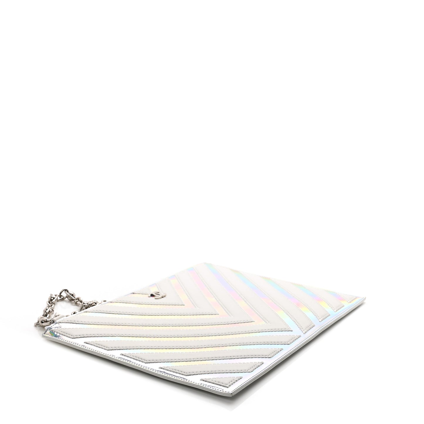 Lambskin Metallic Chevron Zip Pouch White Silver