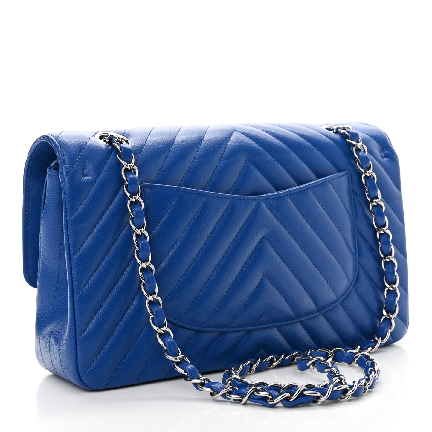 Caviar Chevron Quilted Medium Double Flap Blue