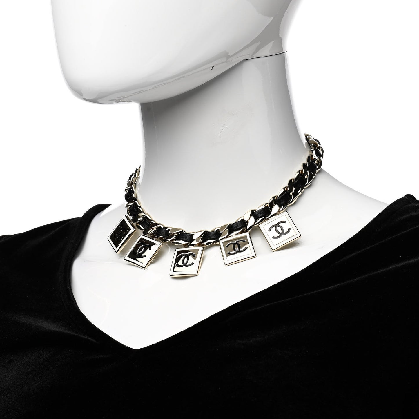 Metal Lambskin CC Square Charms Choker Gold Black White