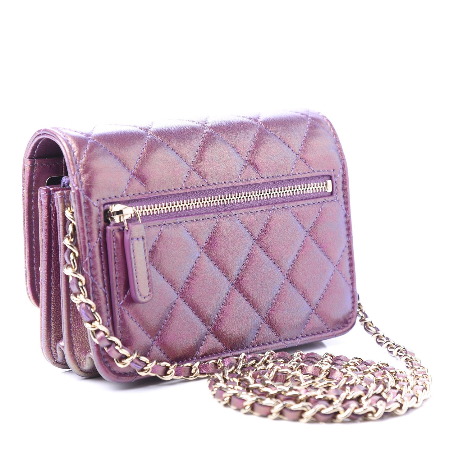 Iridescent Lambskin Quilted Mini Wallet On Chain WOC Purple