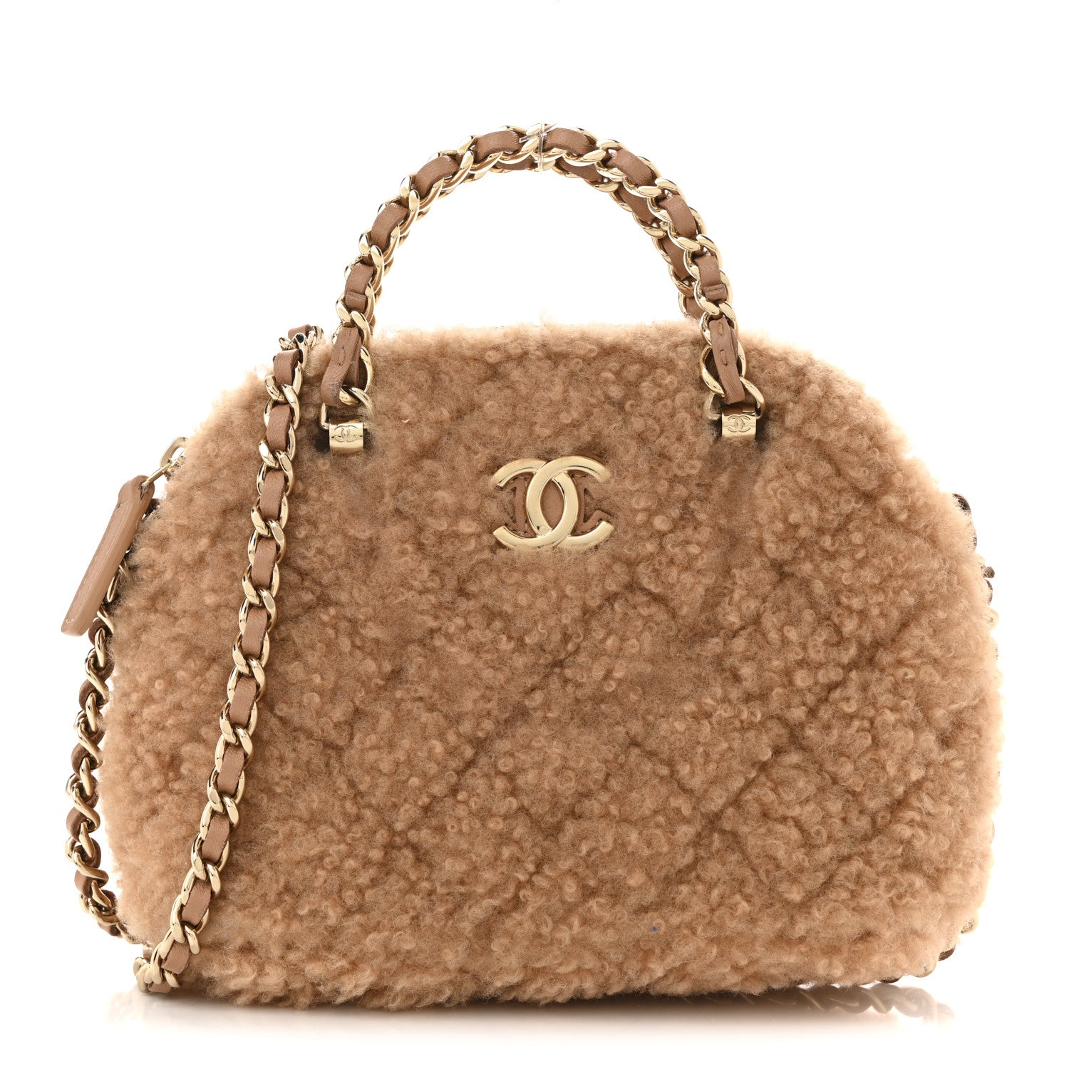 Chanel Shearling Quilted Shiny Coco Clutch With Chain Dark Beige