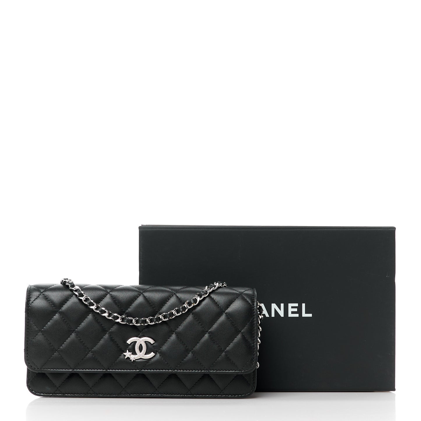 Lambskin Quilted Crystal Star Long Clutch With Chain Black