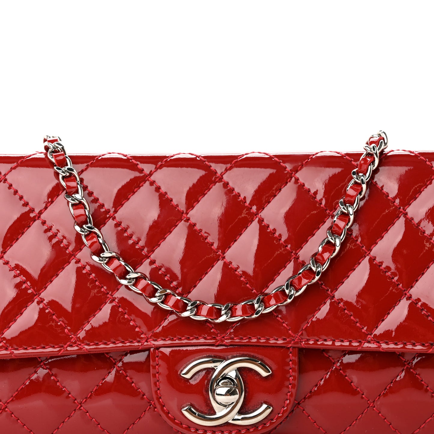 Patent Calfskin Quilted Brilliant East West Flap Clutch Red