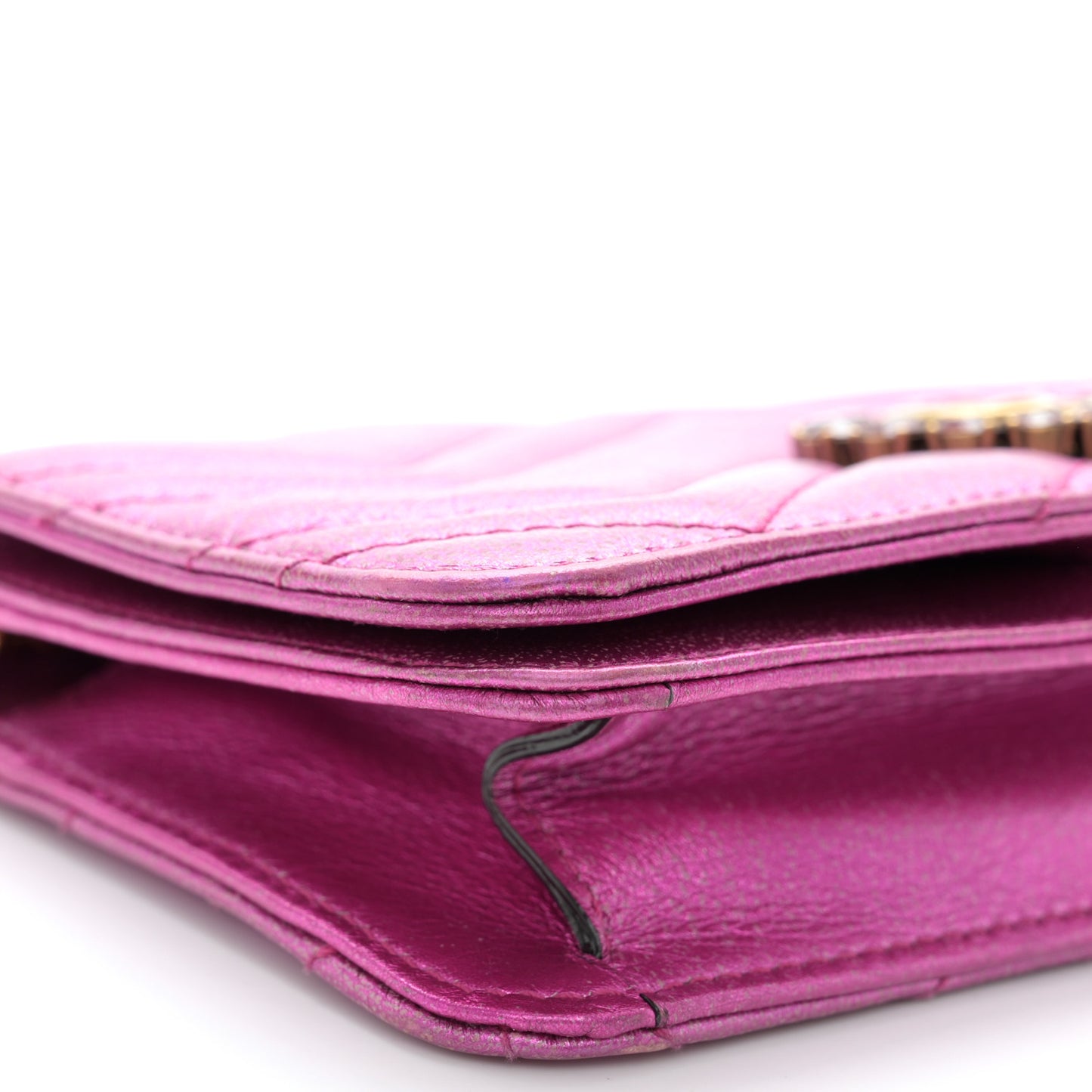 Metallic Calfskin Matelasse Crystal GG Marmont Mini Bag Fuchsia