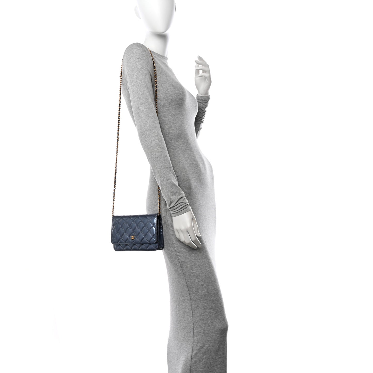 Metallic Lambskin Wallet On Chain WOC Dark Blue