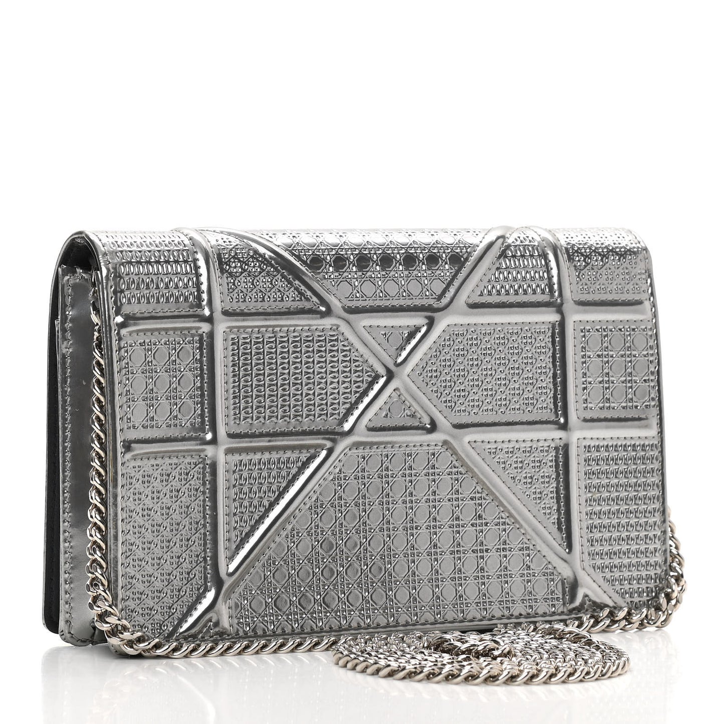 Metallic Patent Micro-Cannage Diorama Wallet on Chain Pouch Silver