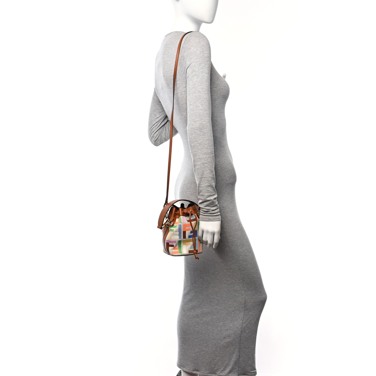 Kuban Canvas Vitello King F is Fendi FF Embroidered Mini Mon Tresor Bucket Bag Multicolor Cuoio