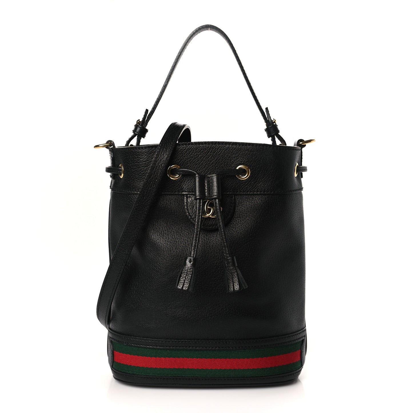 Glazed Textured Calfskin Web Small Ophidia Bucket Bag Black