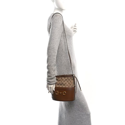 Monogram Textured Calfskin Horsebit 1955 Drawstring Bucket Bag Beige Brown Sugar