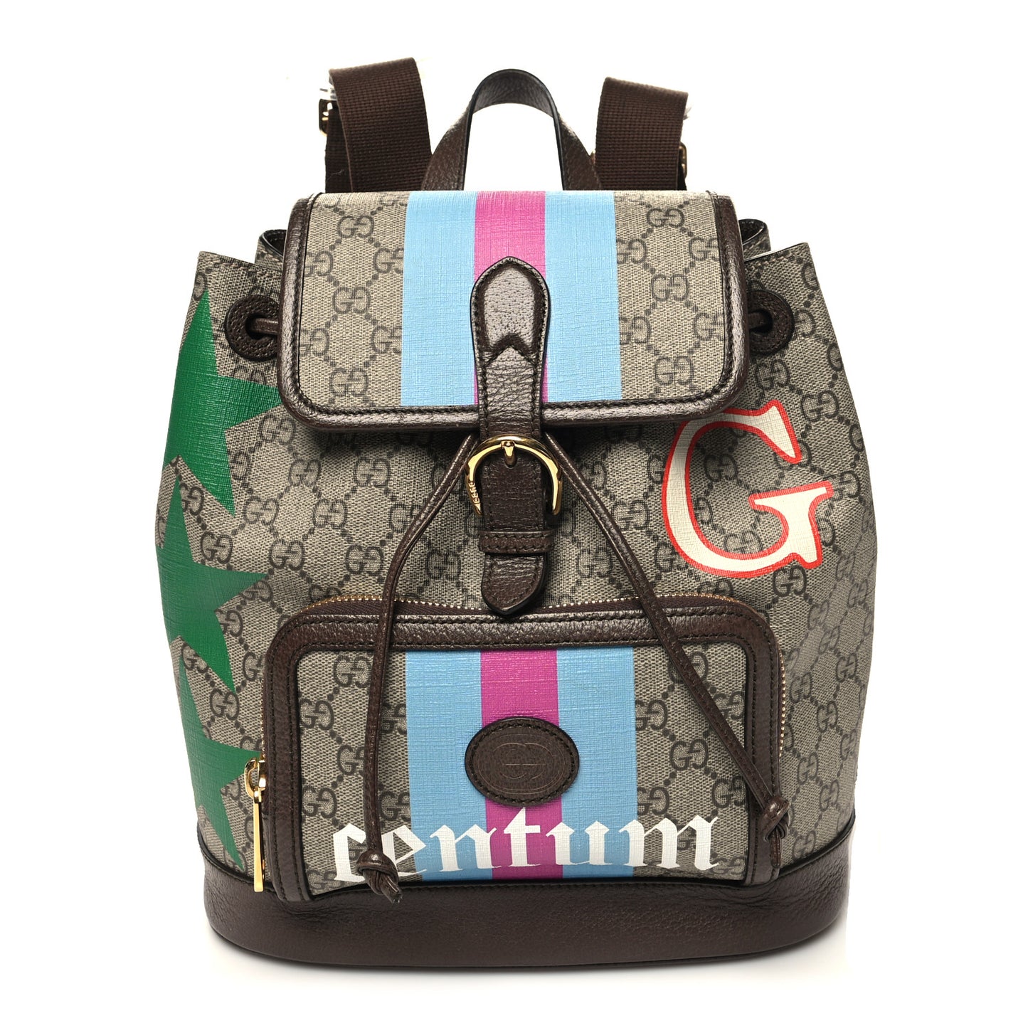 GG Supreme Monogram Equestrian Textured Dollar Calfskin Retro Interlocking G Buckle Backpack Beige Ebony Multicolor New Acero
