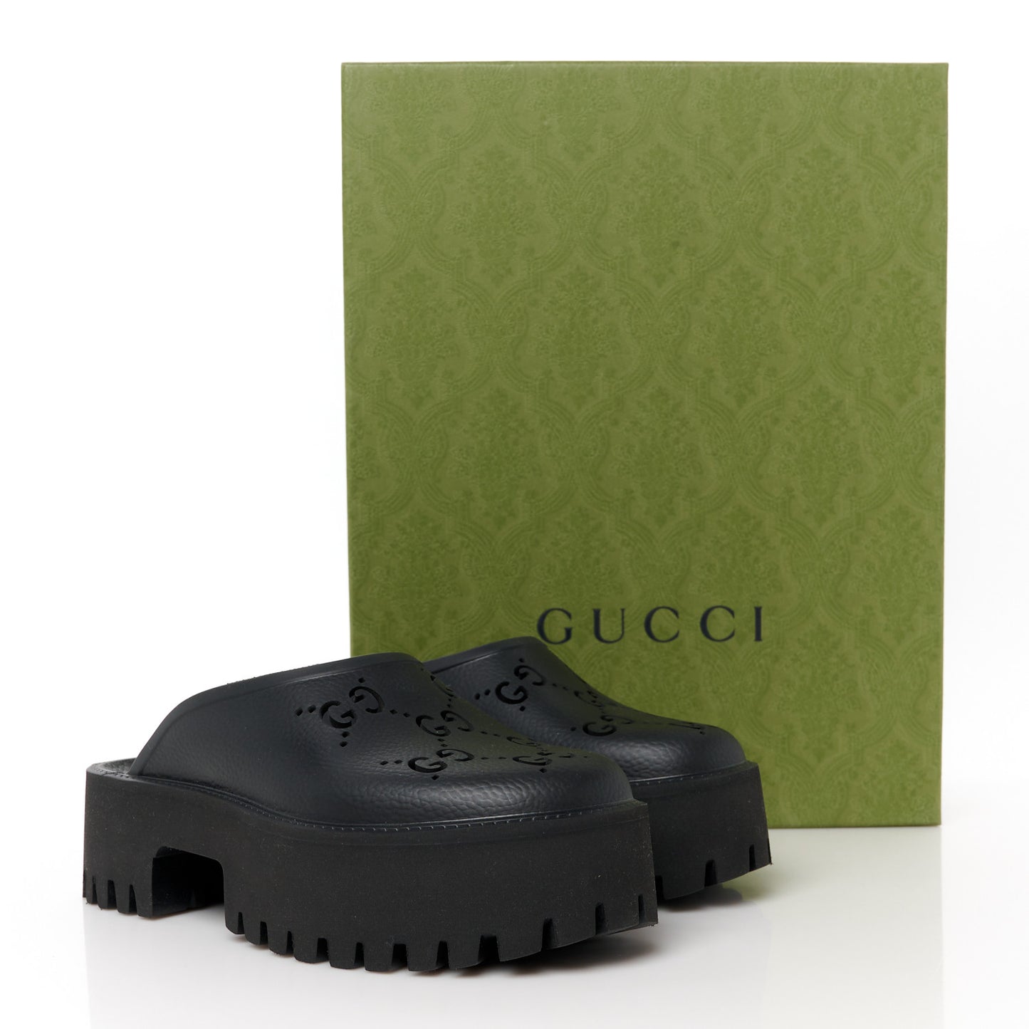 Rubber GG Monogram Perforated Elea Platform 55mm Lug Sole Sandals 36 Black