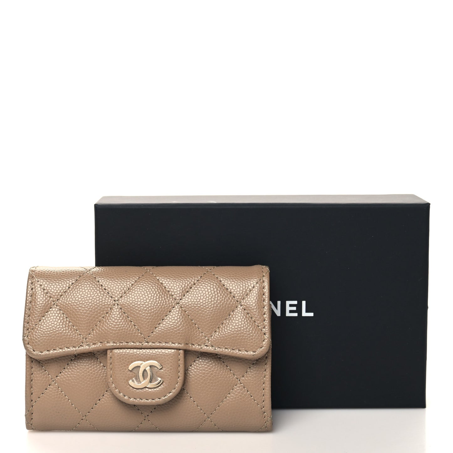 Caviar Quilted Flap Card Holder Wallet Dark Beige