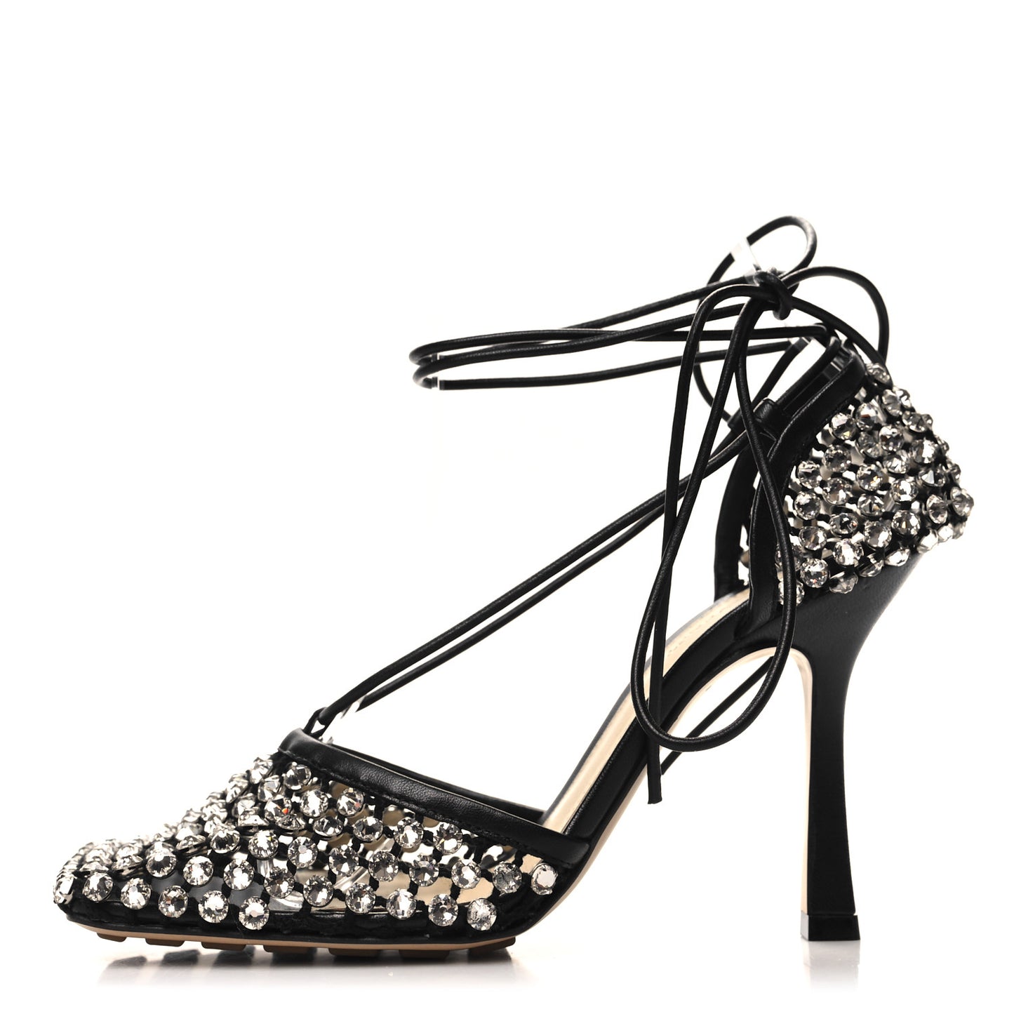 Mesh Nappa Crystal Embellished Sparkle Stretch Ankle Tie Sandals 37 Black