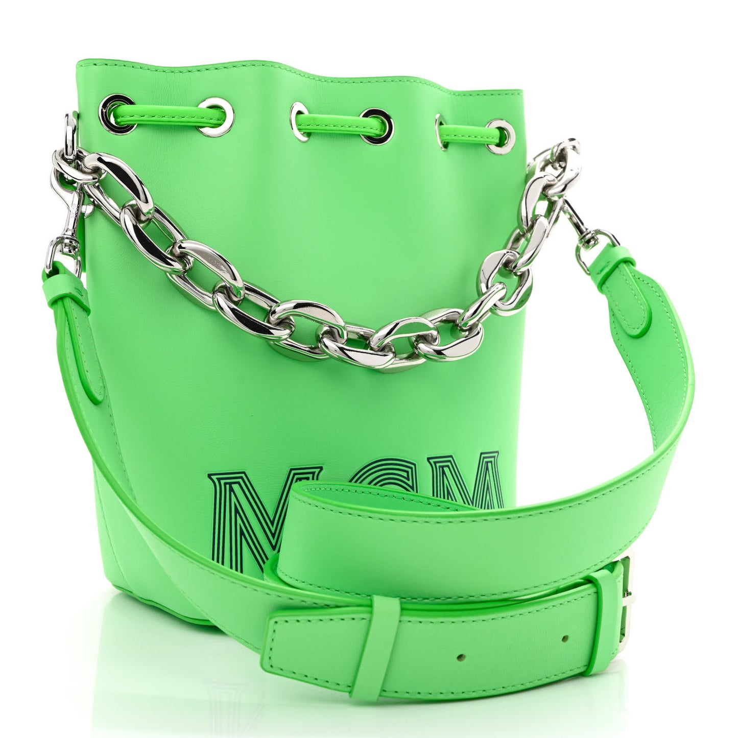 Calfskin Drawstring Logo Bucket Bag Green
