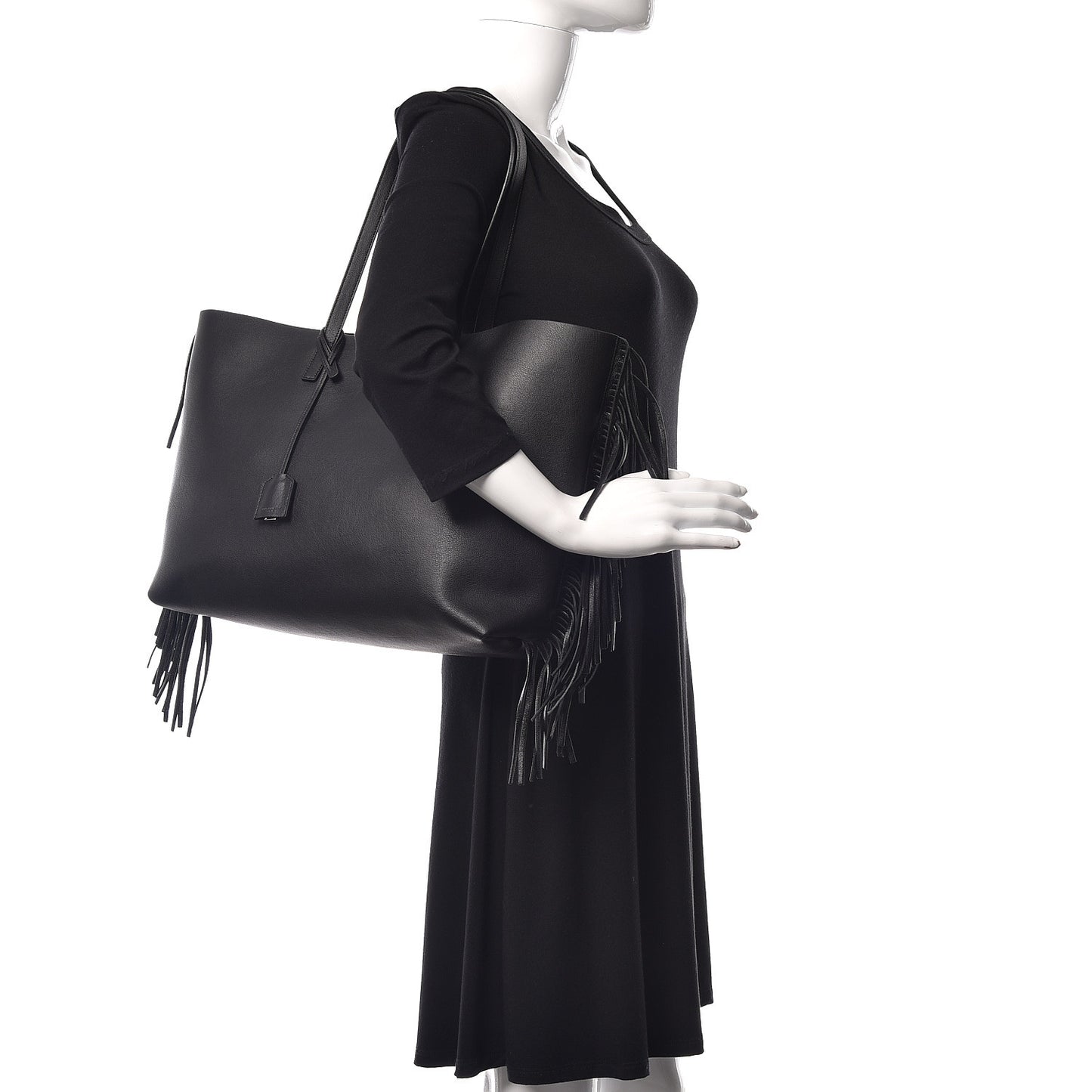 Calfskin Large Fringe Shopping Tote Black