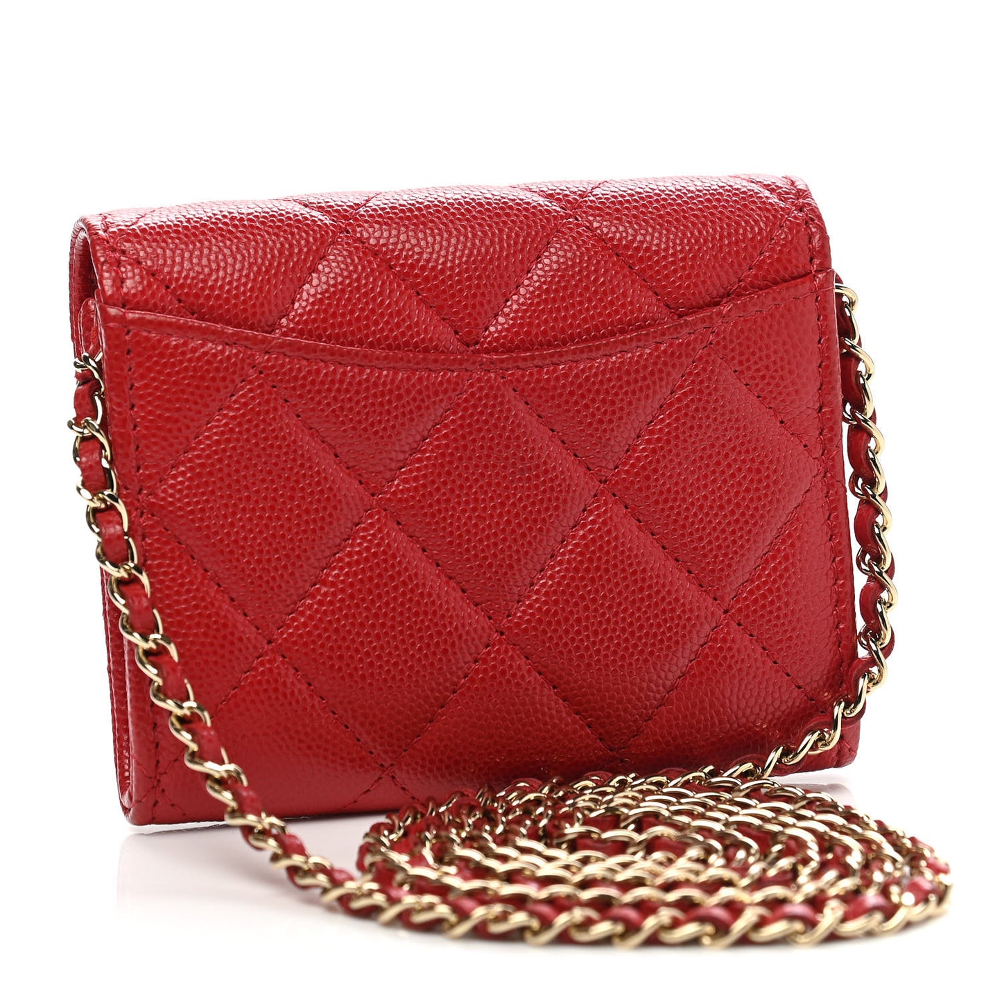 Caviar Quilted Flap Card Holder On Chain Red