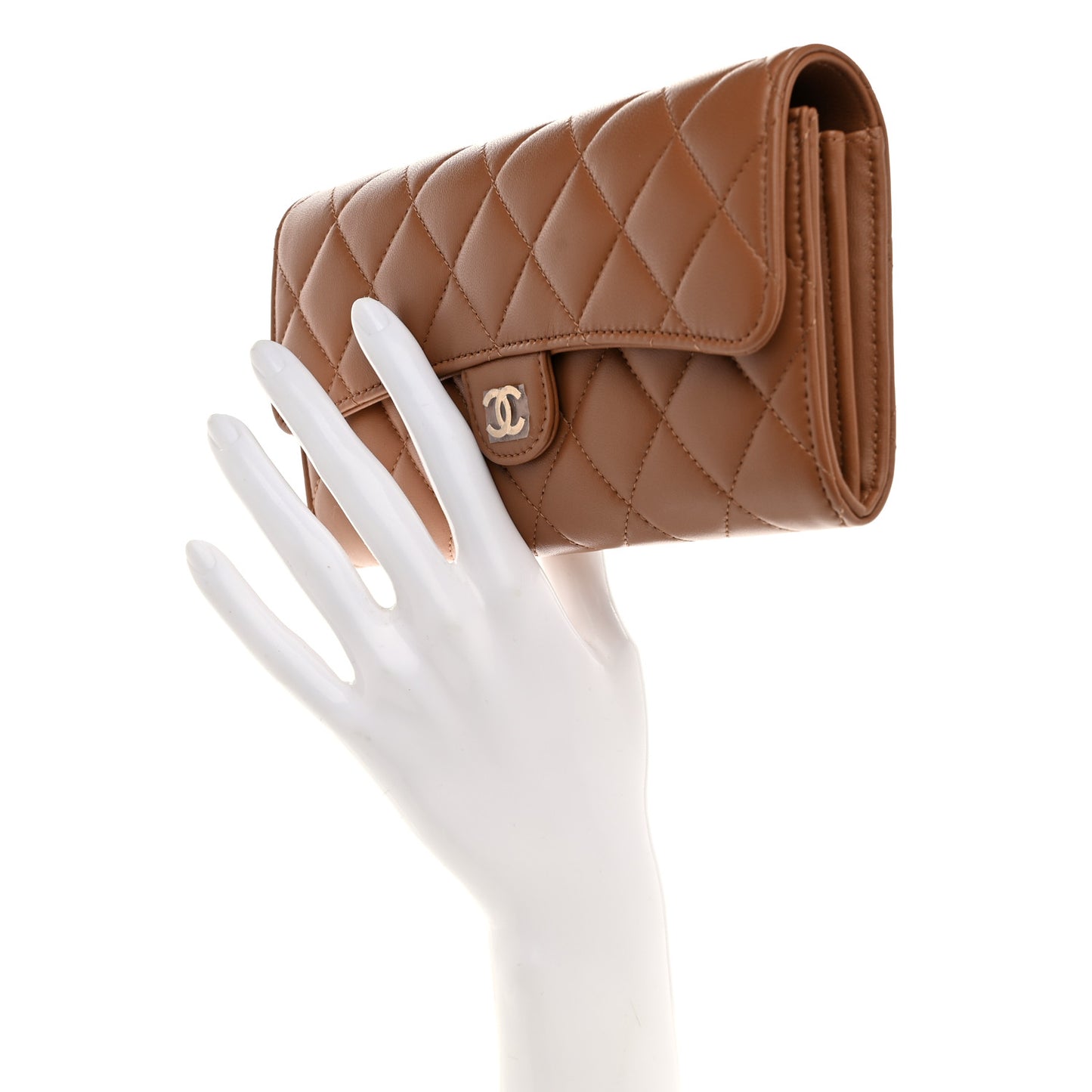 Lambskin Quilted Large Gusset Flap Wallet Brown