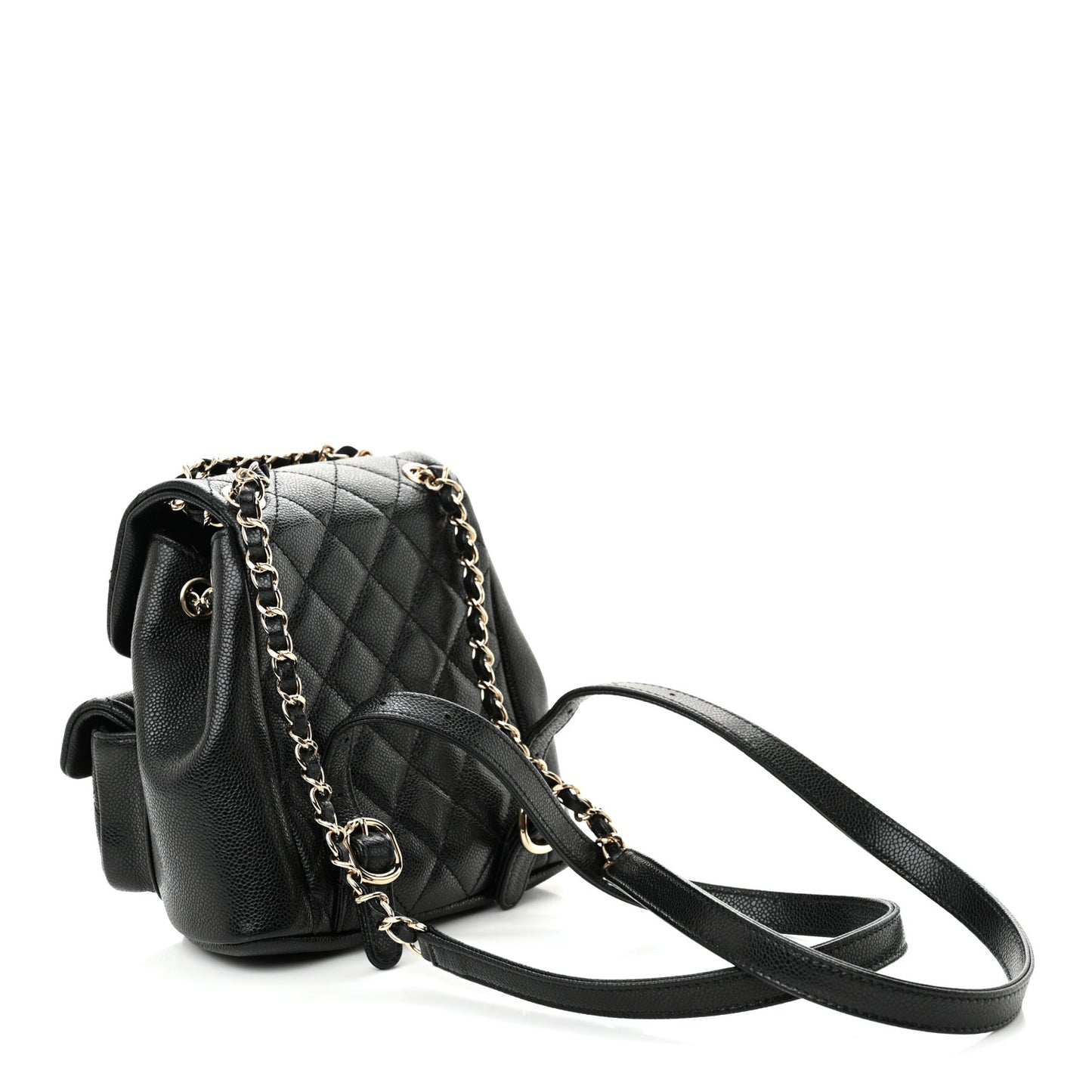 Shiny Caviar Quilted Small Duma Pockets Drawstring Backpack Black