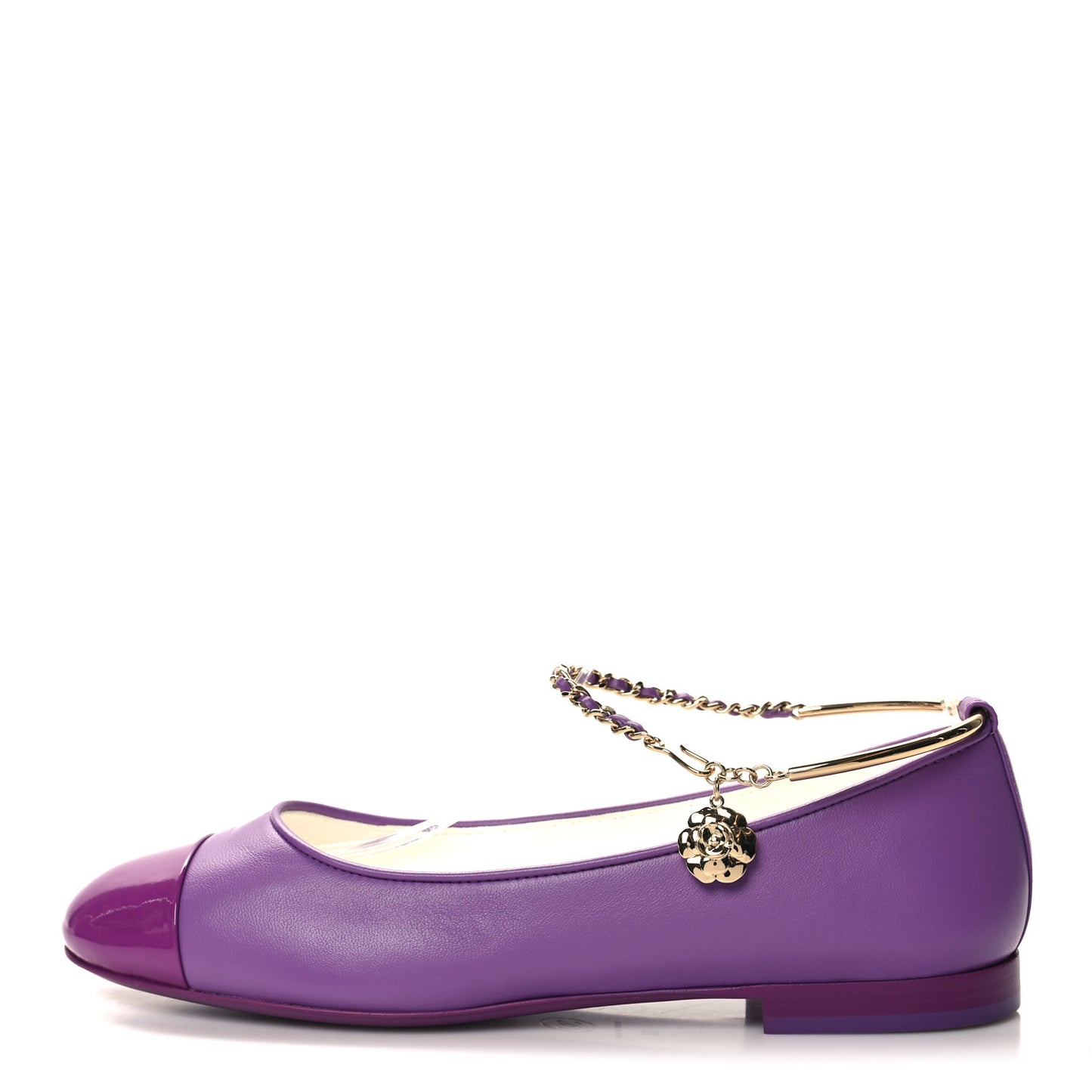 Lambskin Patent Calfskin Cap Toe Ankle Chain Ballerina Flats 38 Purple