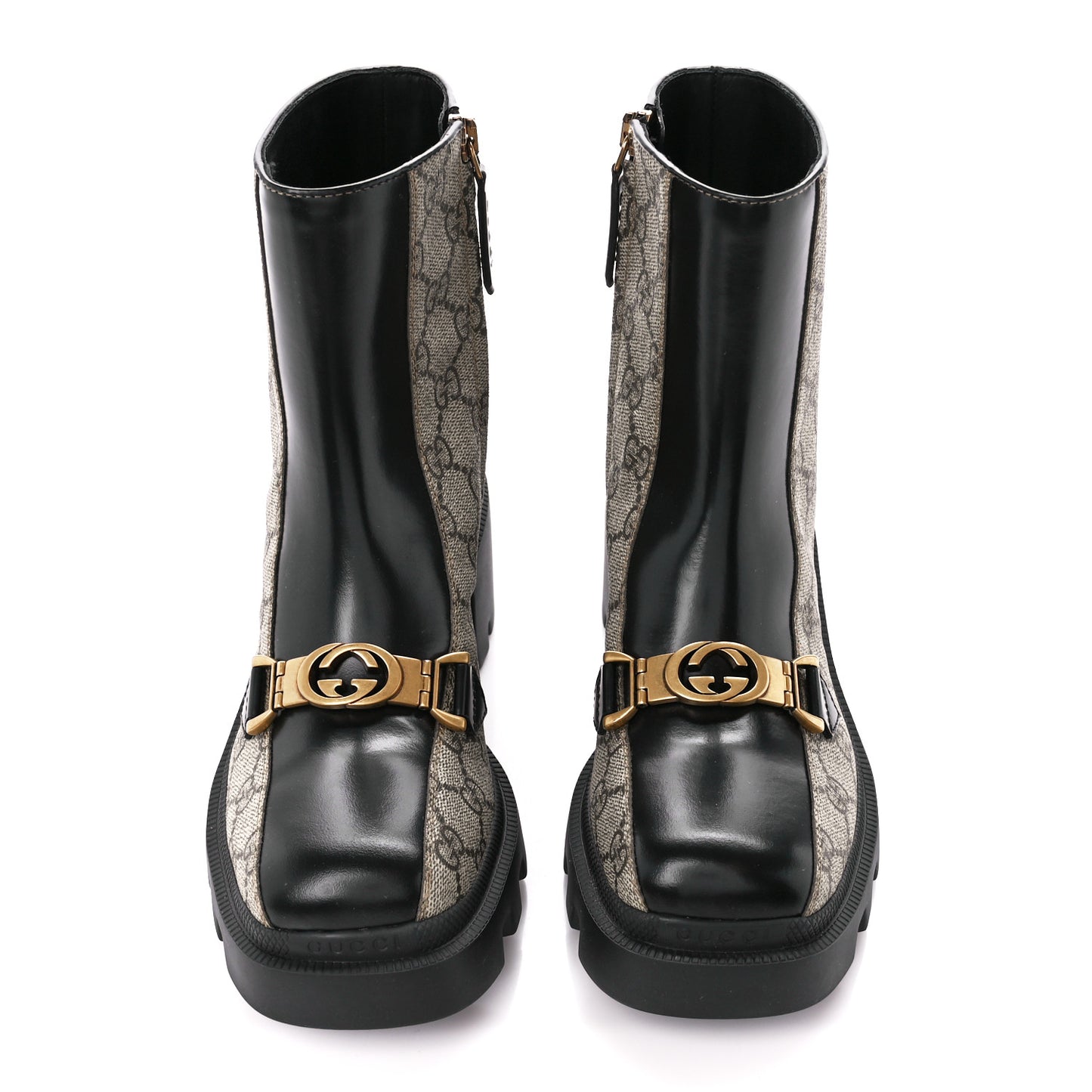 GG Supreme Monogram Magnum Calfskin Interlocking G Womens Lug Sole Ankle Boots 35.5 Beige Ebony Black