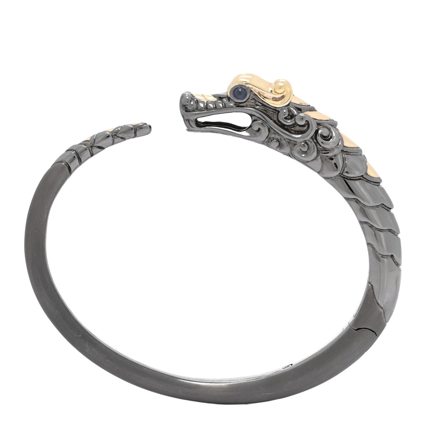 Darkened Sterling Silver 18K Yellow Gold Blue Sapphire Legends Naga Dragon Cuff Bracelet