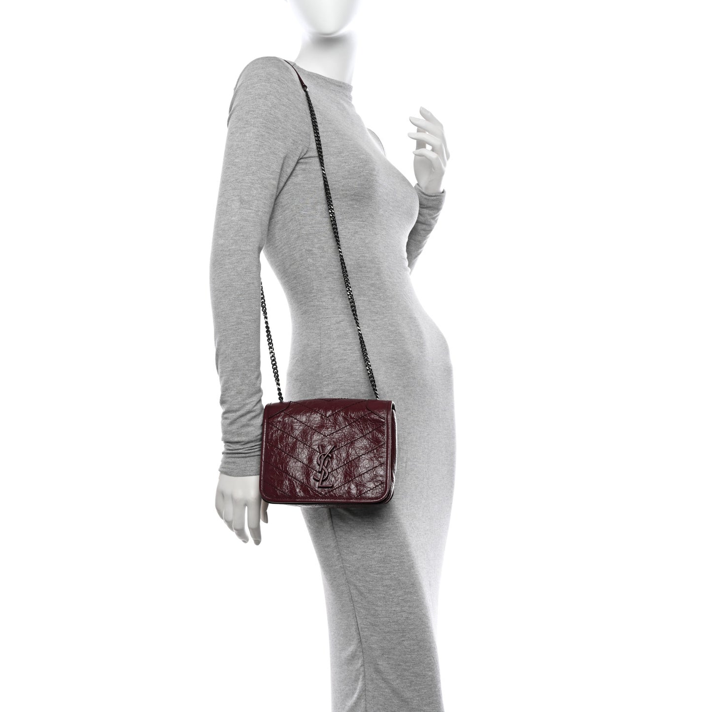 Crinkled Calfskin Matelasse Monogram Niki Chain Wallet Dark Legion Red