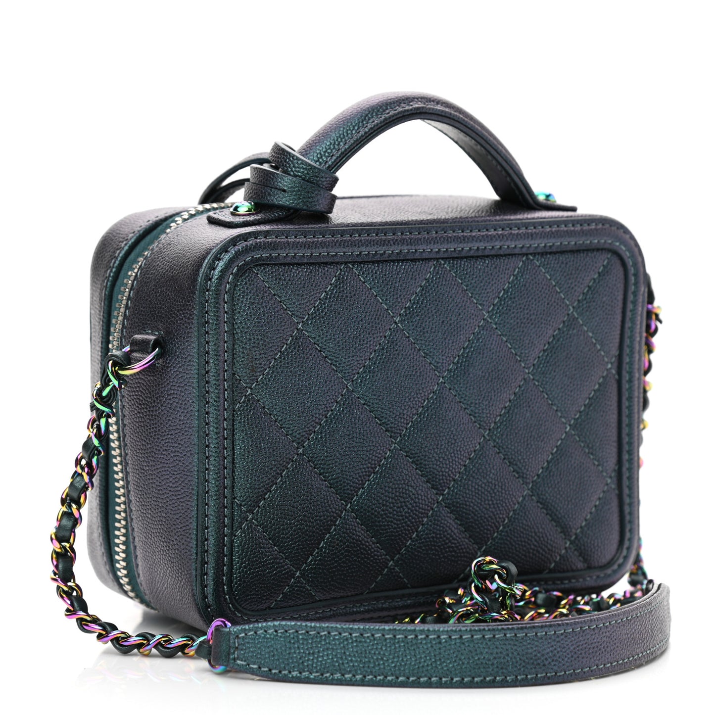 Iridescent Caviar Quilted Small CC Filigree Vanity Case Dark Turquoise