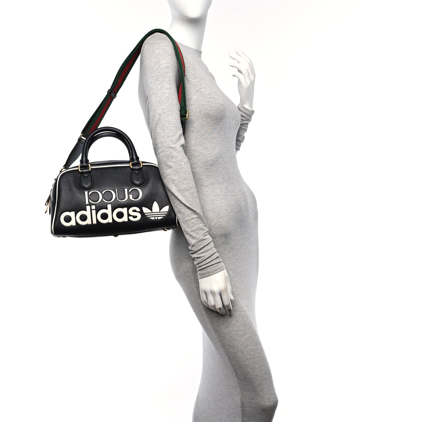 X ADIDAS Textured Dollar Calfskin Web Trefoil Logo Embossed Mini Bowling Bag Black Off White