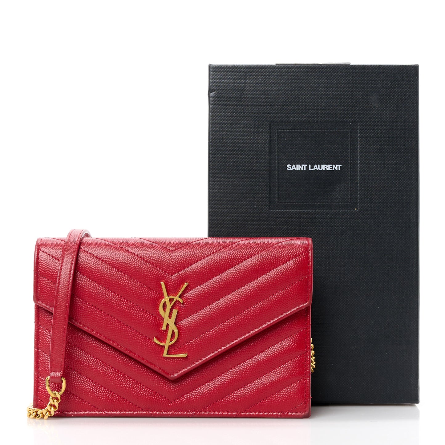 Grain De Poudre Matelasse Chevron Monogram Envelope Chain Wallet Red