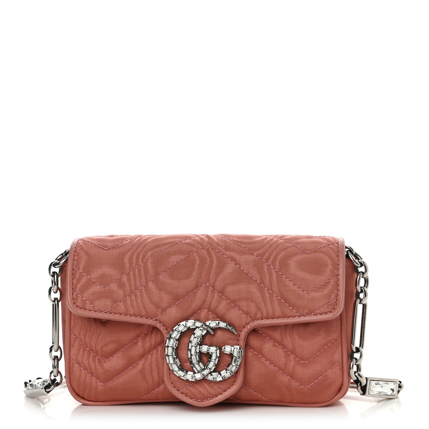 Moire Fabric Calfskin Crystal Matelasse Mini GG Marmont Chain Belt Bag 95 38 Blush