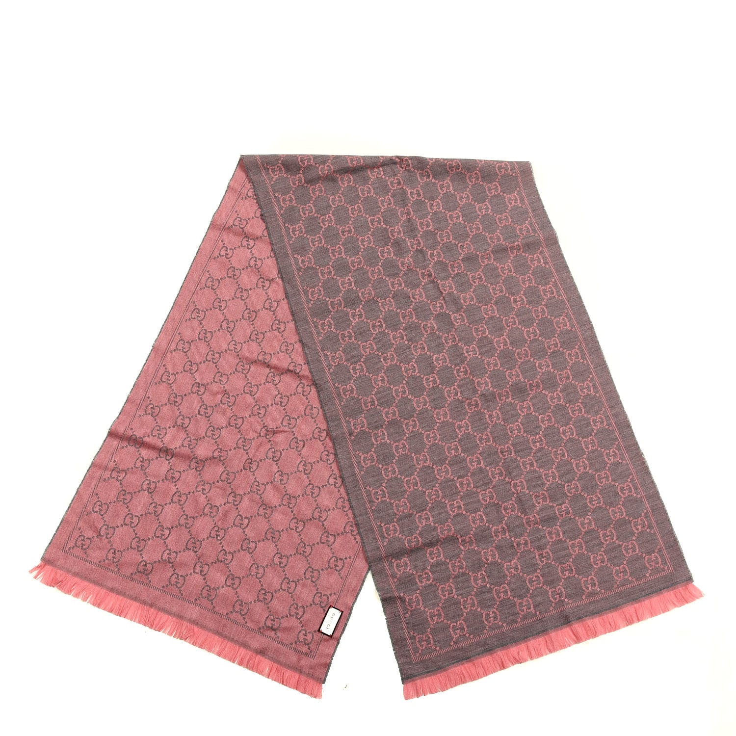 Gucci Wool Jacquard GG Monogram Sten Fringe Scarf Graphite Pink 2 of 3