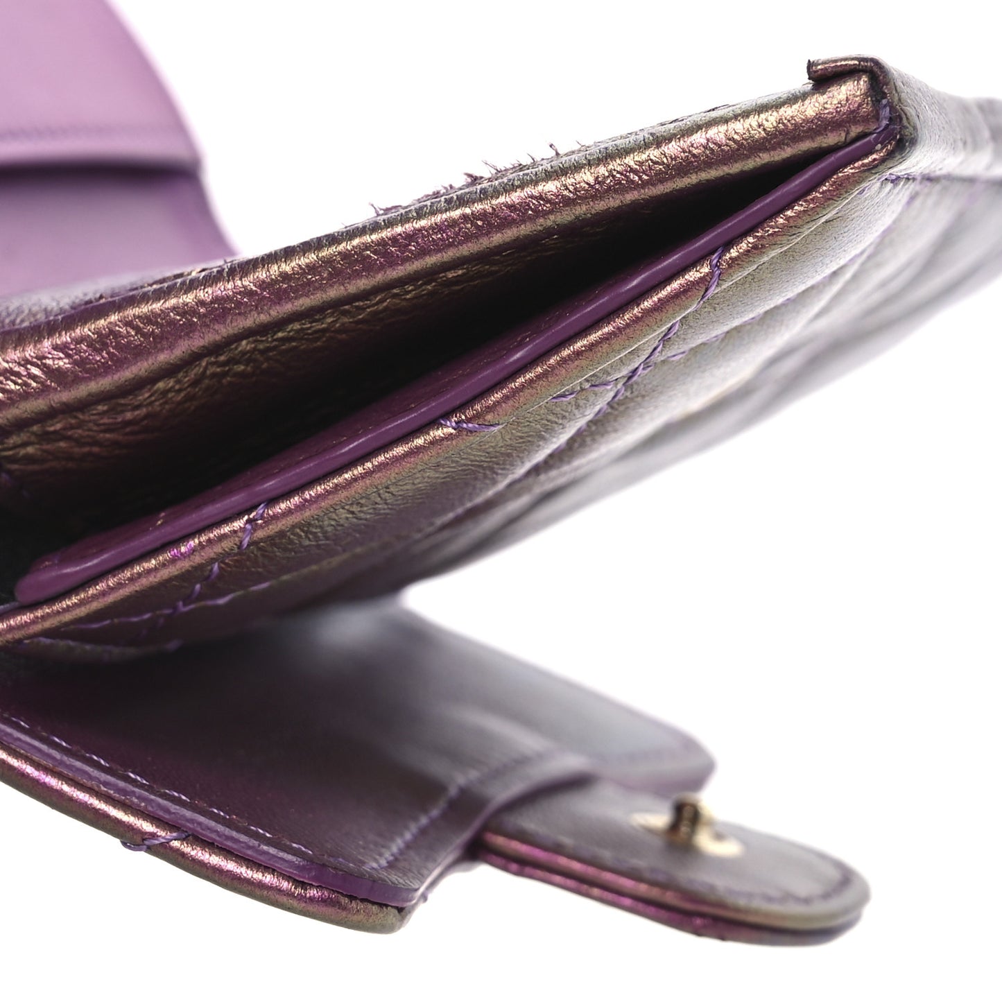 Iridescent Lambskin Quilted Double Flap Wallet Purple