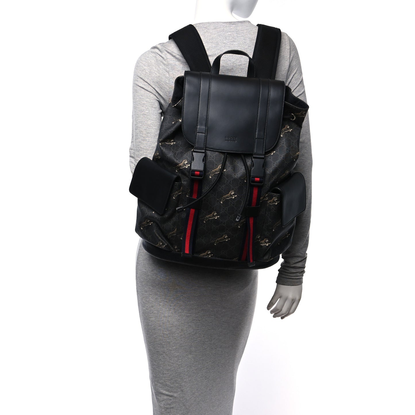 GG Supreme Monogram Tigers Double Buckle Backpack Black Multicolor