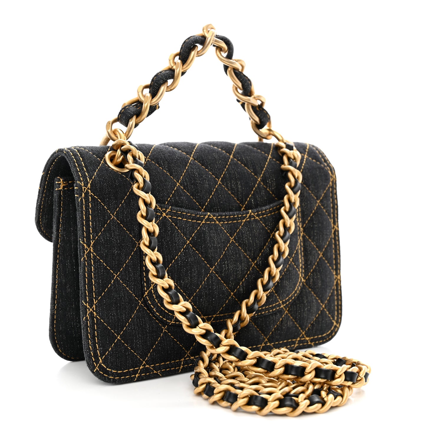 Denim Quilted Double You Mini Flap Black Golden