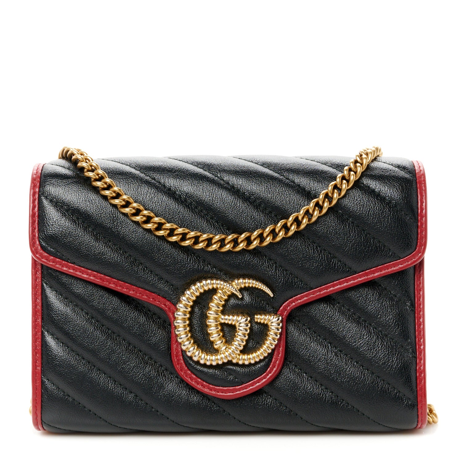 Gucci Vintage Effect Calfskin Matelasse Diagonal Torchon GG Marmont Chain Wallet Black Romantic Cherry 1 of 10