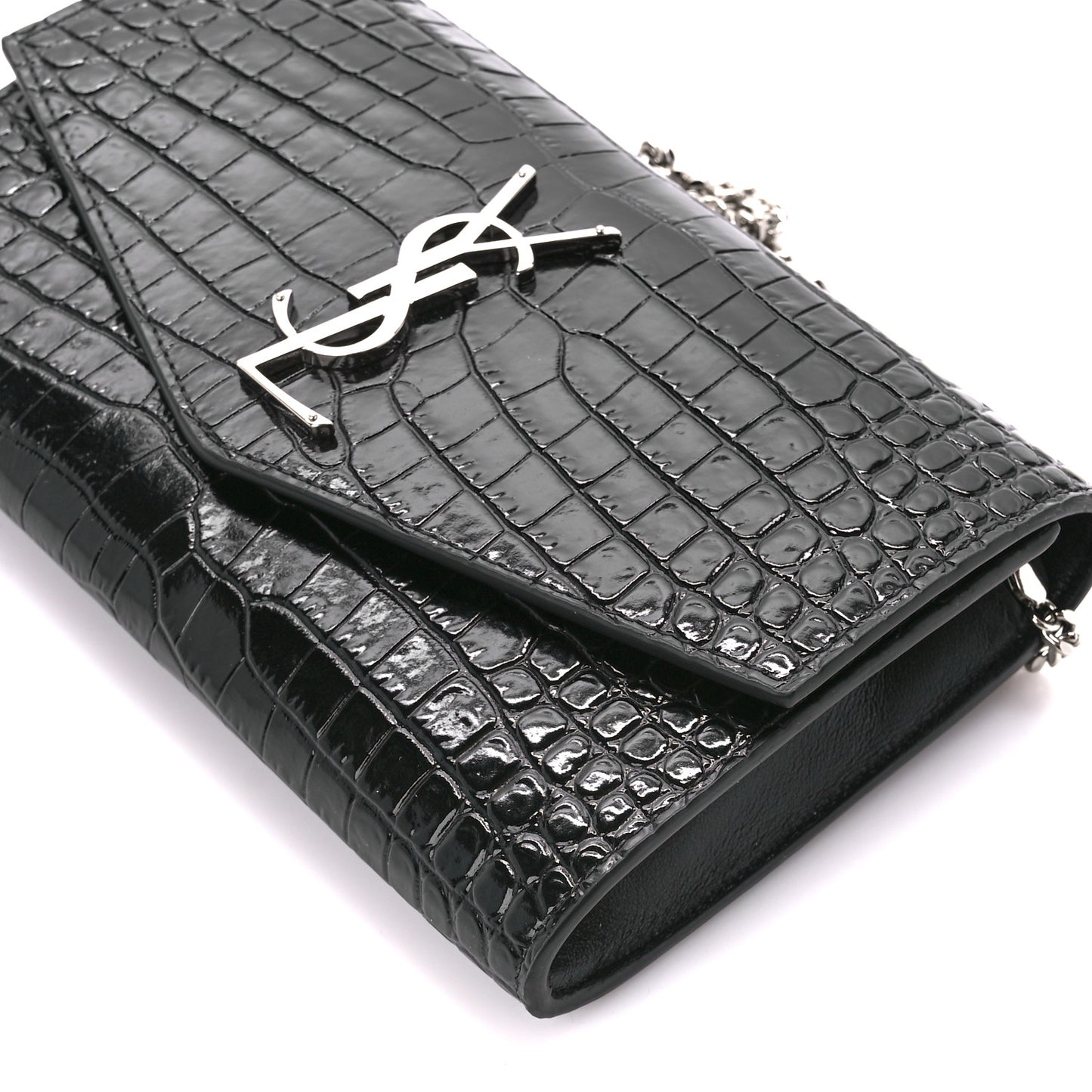 Calfskin Crocodile Embossed Monogram Uptown Chain Wallet Black