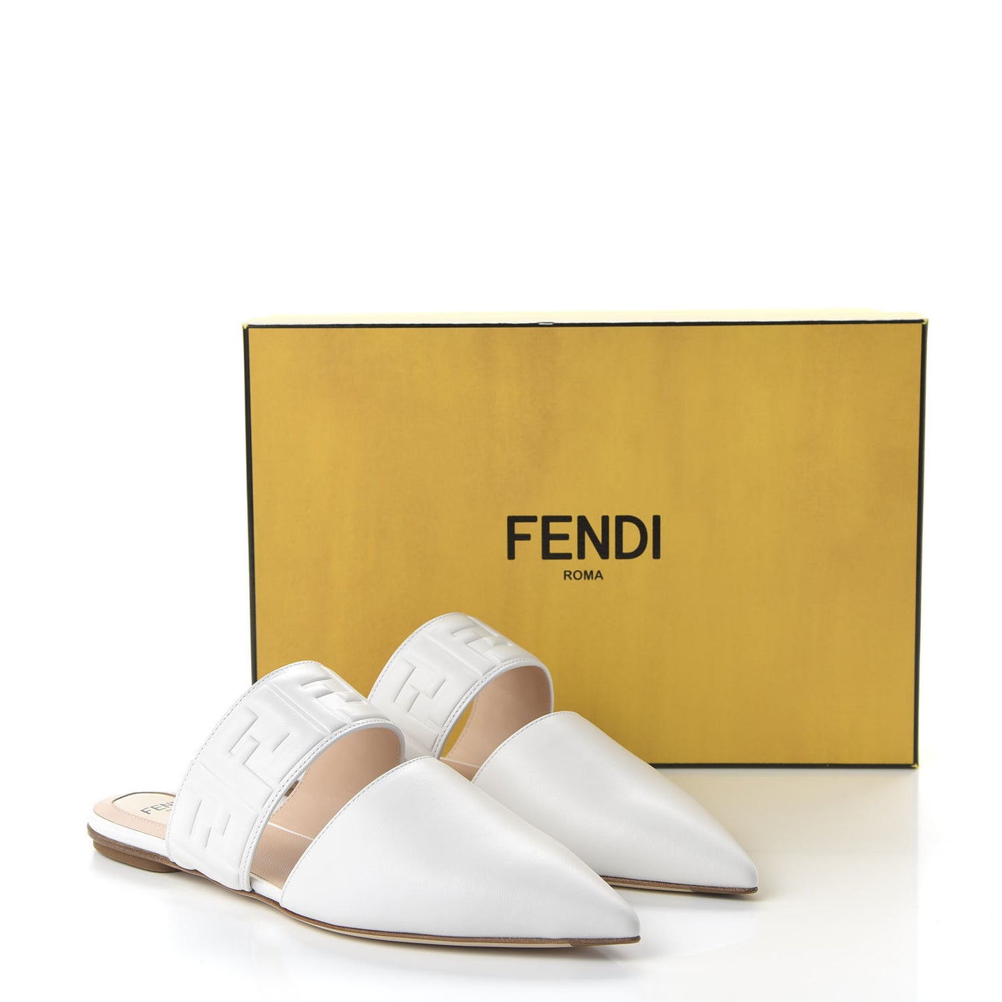 Vitello FF Embossed Buckle Flat Mules 37 Snow
