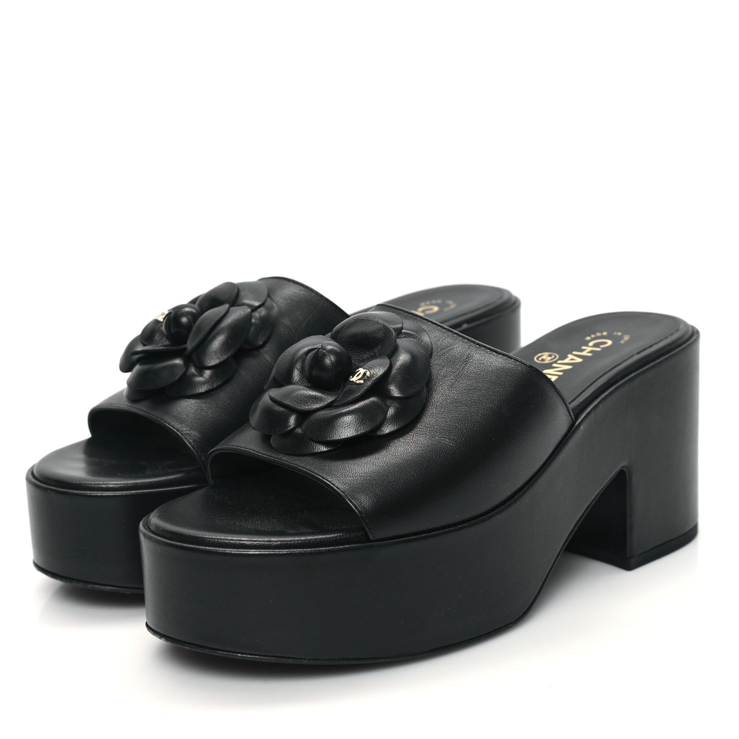 Lambskin Camellia Platform Mules 38.5 Black
