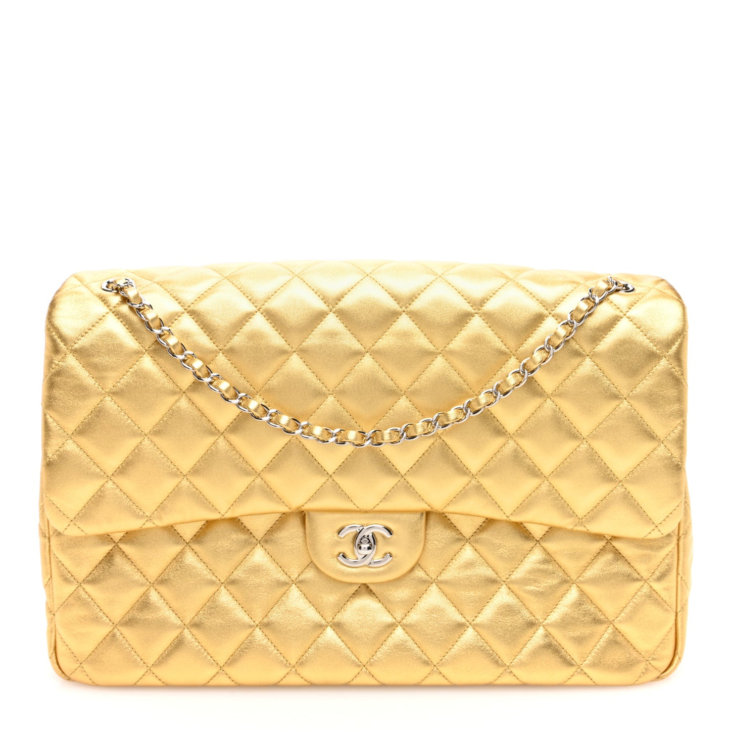 Metallic Lambskin Quilted XXL Travel Flap Bag Gold