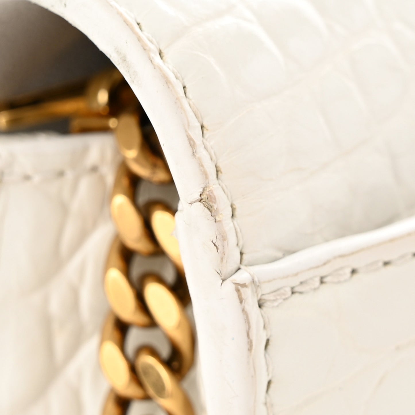 Shiny Calfskin Crocodile Embossed Hourglass Chain Bag White
