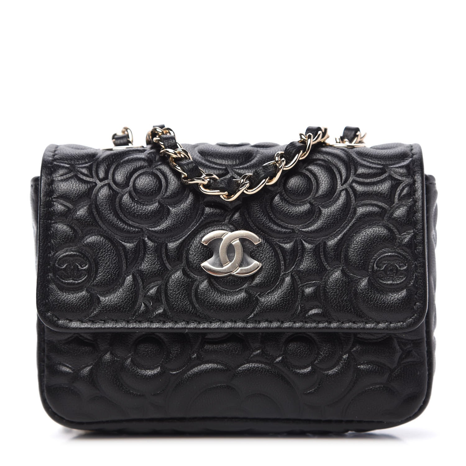 Chanel Lambskin Camellia Embossed Chain Belt Bag Black 1 of 11