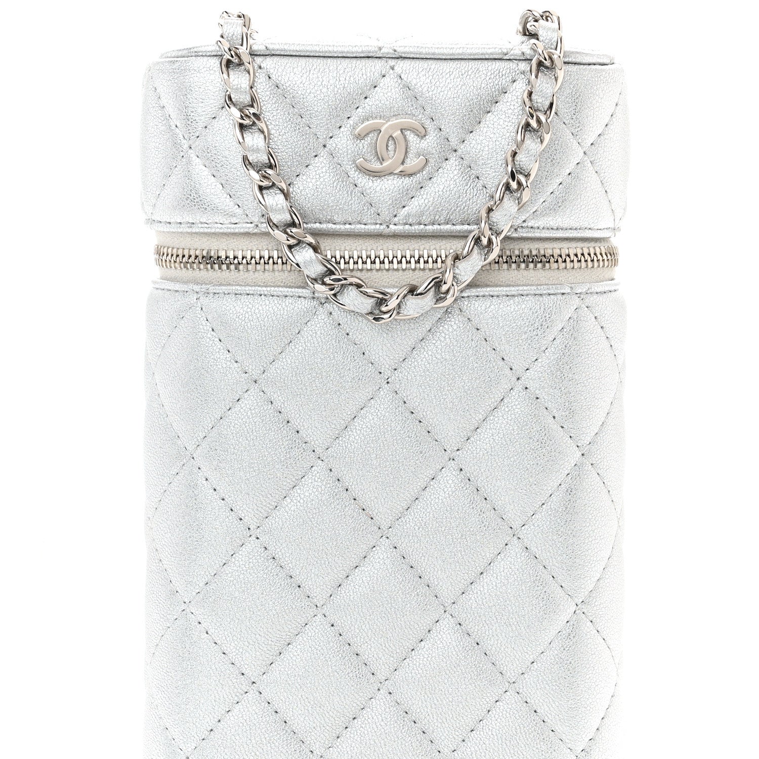 Chanel Metallic Lambskin Quilted Phone Holder With Chain Silver 7 of 12